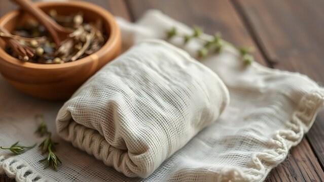 poultice. Herbal poultice wrapped in linen cloth beside a wooden bowl of dried herbs, natural remedy concept. menu design.