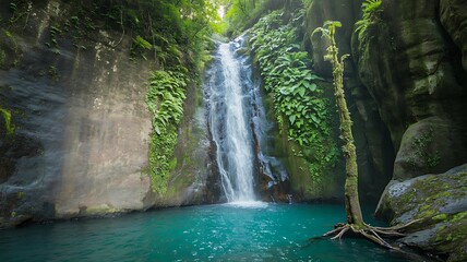 Tropical waterfall flowing into clear turquoise pool surrounded by lush green cliffs
