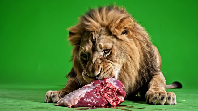 Majestic Male Lion Devouring Raw Meat With Intense Focus Against a Vibrant Green Screen Background