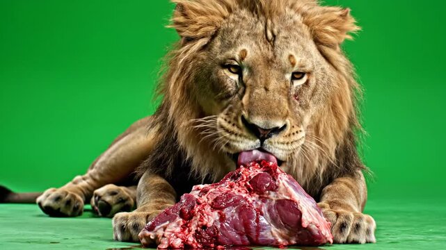 Majestic Male Lion Feasting on Raw Meat in a Studio Setting with Vibrant Green Background