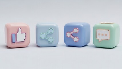 Pastel-toned rendered cubes representing different social media engagement concepts