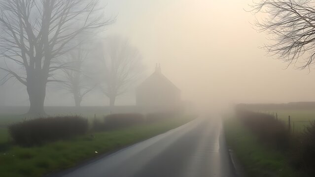 enthalpy. Misty country lane leading to a distant stone cottage. lifestyle magazines, social media lookbooks, designed for influencer and brand collaborations, used by SEO specialists.