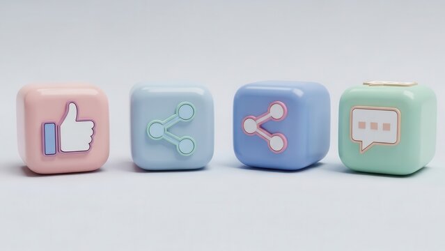 Pastel-toned rendered cubes representing different social media engagement concepts