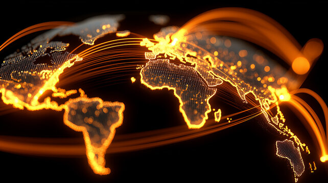 A worldwide data movement concept depicted with bright interconnected lines across continents, symbolizing global communication networks and modern digital relationships
