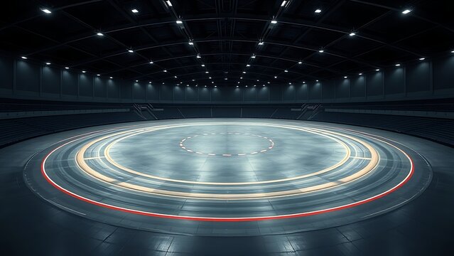 velodrome. Vast empty indoor cycling arena with circular track under dim lighting. event key visuals, club posters, designed for sports event promotions and stadium branding.