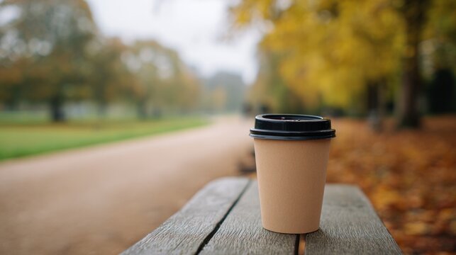 A takeaway coffee cup rests on a wooden bench, surrounded by autumn leaves in a peaceful park setting.