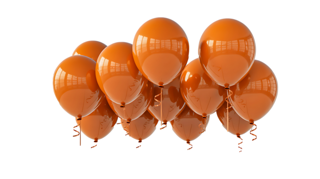 Cluster of orange balloons floating on white background
