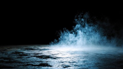 Naklejka premium A dark scene featuring swirling blue mist over a reflective surface, creating a mysterious and atmospheric effect.