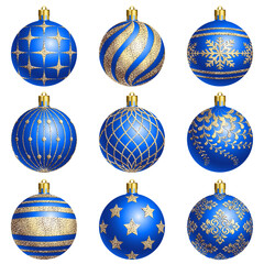 Set of 9 luxurious blue Christmas tree baubles with gold and glitter decorations for the holiday season. Beautiful and classic design elements.