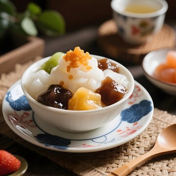 4k high quality Ai generative HD photo realistic menu selling eat food healthy dessert traditional fruit Indonesia Chinese Japanese ice mix es puter dawet nangka campur milk ice cream mochi dango