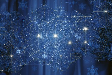 Abstract geometric Christmas 2026 background with glowing polygon lines and subtle snowflakes in deep blue, silver, and cyan tones.