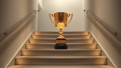 middleground. A golden trophy rests on a central staircase step, symbolizing achievement with elegant lighting and a minimalist polished metal surface. event key visuals.