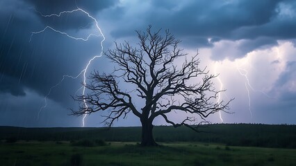 predictability. A solitary tree struck by lightning during a storm with dramatic sky. ESG reports, sustainability campaigns, designed for sustainability communications and ESG reporting.
