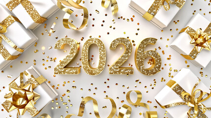 2026 golden numbers with sparkling highlights, surrounded by lux