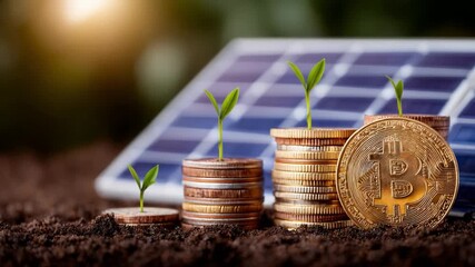 Green Growth: A visual metaphor of financial growth and environmental sustainability, with green shoots sprouting from piles of coins, symbolizing the harmony between money, nature, and the future. - Powered by Adobe