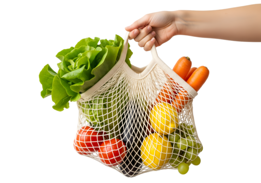 Closeup hand hold a reusable cotton mesh bag filled with fresh vegetables and fruits on transparent background 
