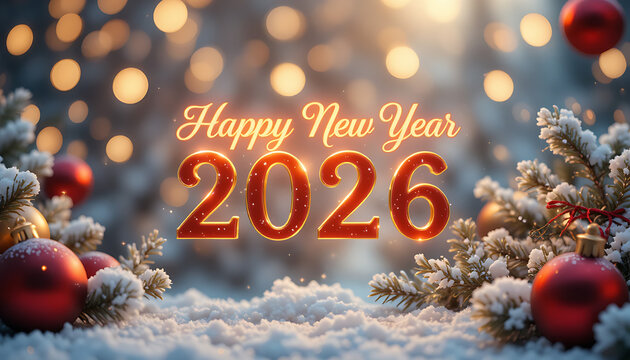 “Festive holiday background featuring a glowing ‘Happy New Year 2026’ text blended with Christmas elements—golden ornaments, sparkling lights, snowy fir branches, soft bokeh, elegant red-and-gold - Powered by Adobe