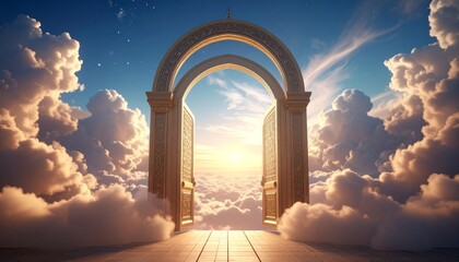 A majestic golden archway opens into a bright, ethereal sky filled with soft, glowing clouds, suggesting a heavenly gateway or portal.