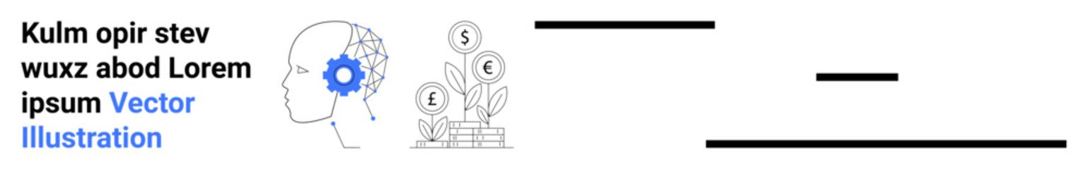 Artificial intelligence, financial technology, innovation, cognitive processes, investment strategies, digital economy. Human head with gear and growing coins. AI and financial technology concept