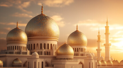 Obraz premium Golden domes adorn a white building against a sunset sky in a serene scene, , Mosque or Masjid background for Ramadan and Eid