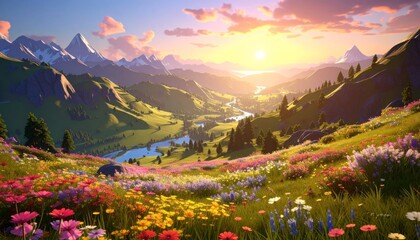 A breathtaking panoramic view of a vibrant mountain valley at sunset, adorned with countless colorful wildflowers and a winding river.