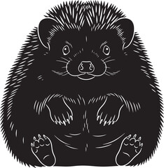 A friendly, cute, stylized black hedgehog illustration, sitting upright with a smiling face, rendered in clean line art for a charming and playful animal design asset.