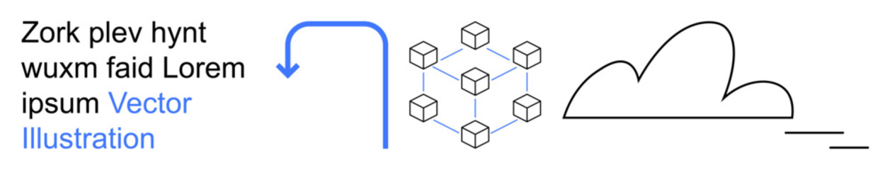 Cloud storage, blockchain technology, data flow, network connections, digital systems, information technology. Cubes forming a network and an arrow pointing to a cloud. Cloud storage and blockchain