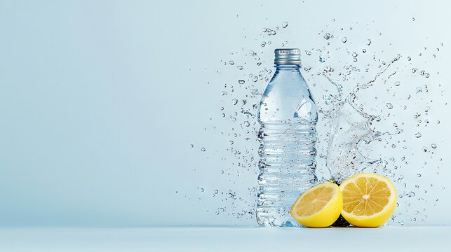 A plastic water bottle with a lemon and water splash against a blue background. The image evokes freshness and hydration.