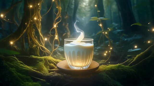  Enchanted forest with glowing vines, yogurt glowing softly in a glass cup,