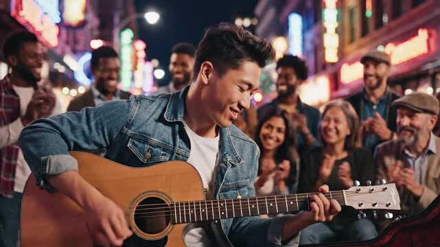 Diverse group enjoys live acoustic guitar music performance outdoors at night