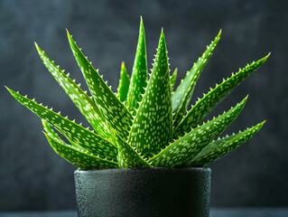 Lush Aloe Vera Plant with Spiky Green Leaves in Black Pot