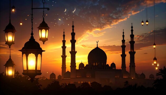 A beautiful silhouette of a grand mosque with minarets and a dome against a vibrant orange and purple sunset sky, illuminated by hanging lanterns and crescent moons.