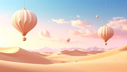 Dreamy desert landscape with pastel hot air balloons floating above sand dunes under a soft sky.