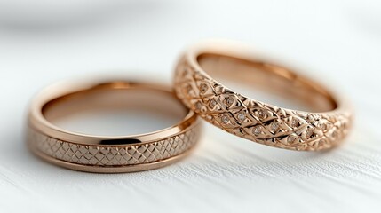 Close-up shot of two gold wedding rings with intricate designs, placed on a white textured surface, conveying romance and elegance.