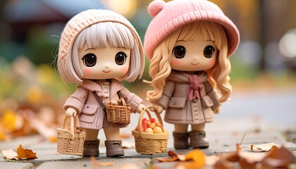 Two adorable chibi dolls in autumn outfits holding baskets with fallen leaves.