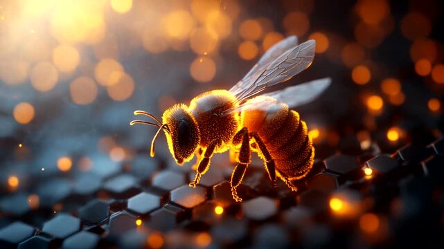 Close-up of a glowing bee on a honeycomb with a magical background
