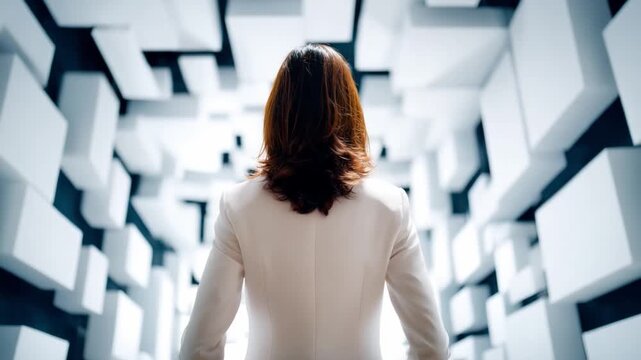Navigating the Abstract: A woman strides confidently through a maze of white blocks, symbolizing a journey of self-discovery, strategy, and perseverance in a modern design. 