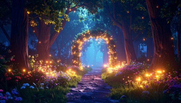 Enchanted forest path at night with a glowing archway and luminous flowers, creating a magical and mystical atmosphere.