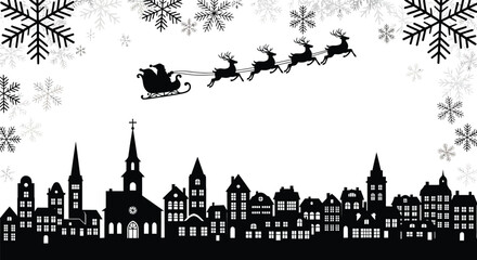 Fototapeta premium Santa claus flying in his sleigh with reindeer over a festive city skyline at night, surrounded by falling snowflakes