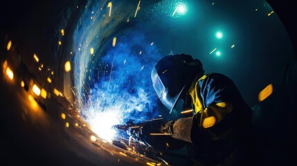 Under water steel welding. A skilled welder working on a metal piece with bright sparks flying in an industrial setting.