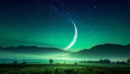 A serene night landscape featuring a brilliant crescent moon over misty mountains and a starlit sky.