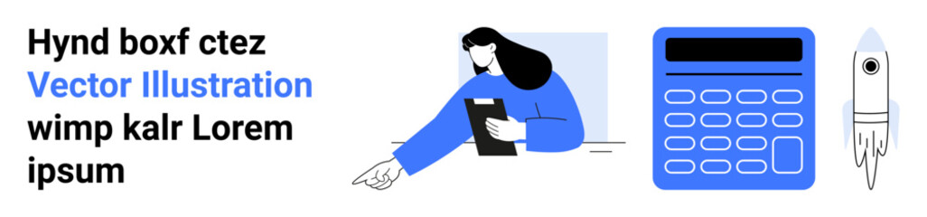 Productivity, education, innovation, technology, business, creative thinking. A person writing, a calculator and a rocket icon. s productivity and education in modern workflows