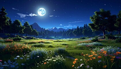 A serene moonlit landscape featuring a vibrant meadow filled with wildflowers, surrounded by lush trees and distant mountains under a starry night sky.