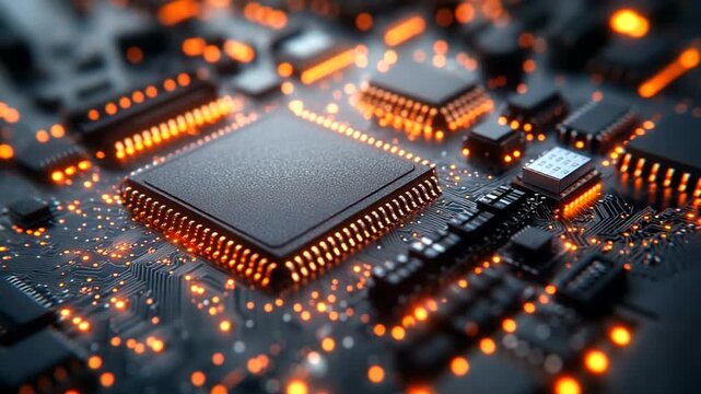 Close-up of a glowing microchip on a circuit board with vibrant lights - Powered by Adobe