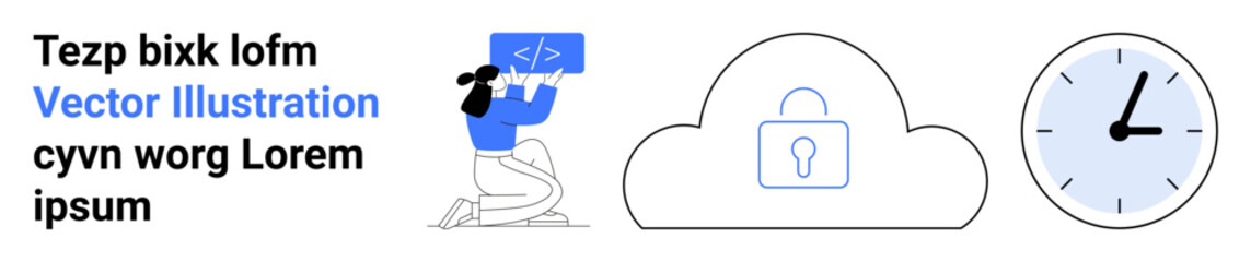Data protection, coding education, cloud computing, time management, cybersecurity, digital learning. A person holding coding symbols, a cloud with a lock and a clock. Cloud computing and data