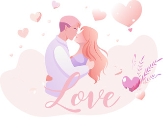 Romantic Couple Embracing with Hearts in Soft Pastel Illustration