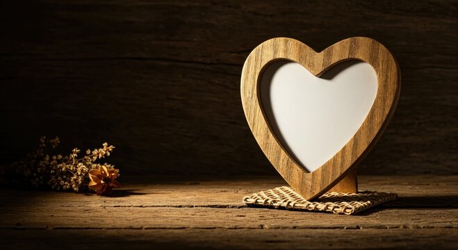 Wooden Heart Frame: A charming wooden heart-shaped frame, delicately resting on a textured coaster, evokes feelings of warmth, love, and fond memories in a rustic setting. 