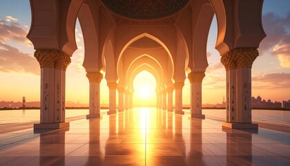 A long, arched hallway with ornate columns bathed in the warm glow of a sunset, reflecting on the polished floor, creating a serene and majestic architectural scene.