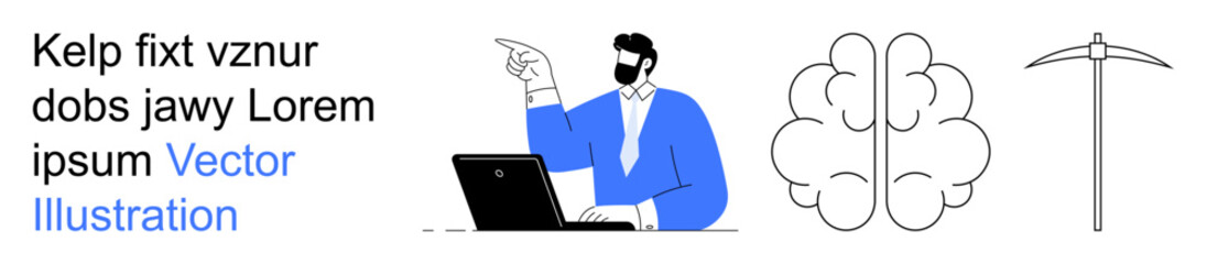 Technology, innovation, data analysis, artificial intelligence, brainstorming, problem-solving. Man using laptop, brain illustration and pickaxe symbol. Innovation and technology