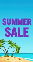 Obraz premium Tropical Summer Sale: A captivating design entices shoppers with the promise of sun-soaked savings, featuring lush palm trees, the gentle lapping of waves, and vibrant summer imagery.
